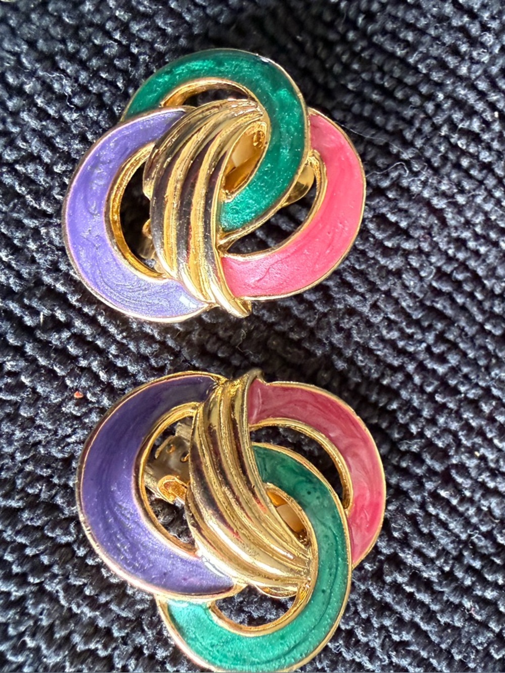 Vintage Gold-Tone Multicolor Enamel Knot Earrings - Pink, Green & Purple
